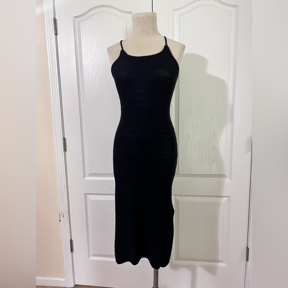 House of Harlow 1960 Knit Black‎ Cotton Blend Midi Dress with Side Slits - sz XS